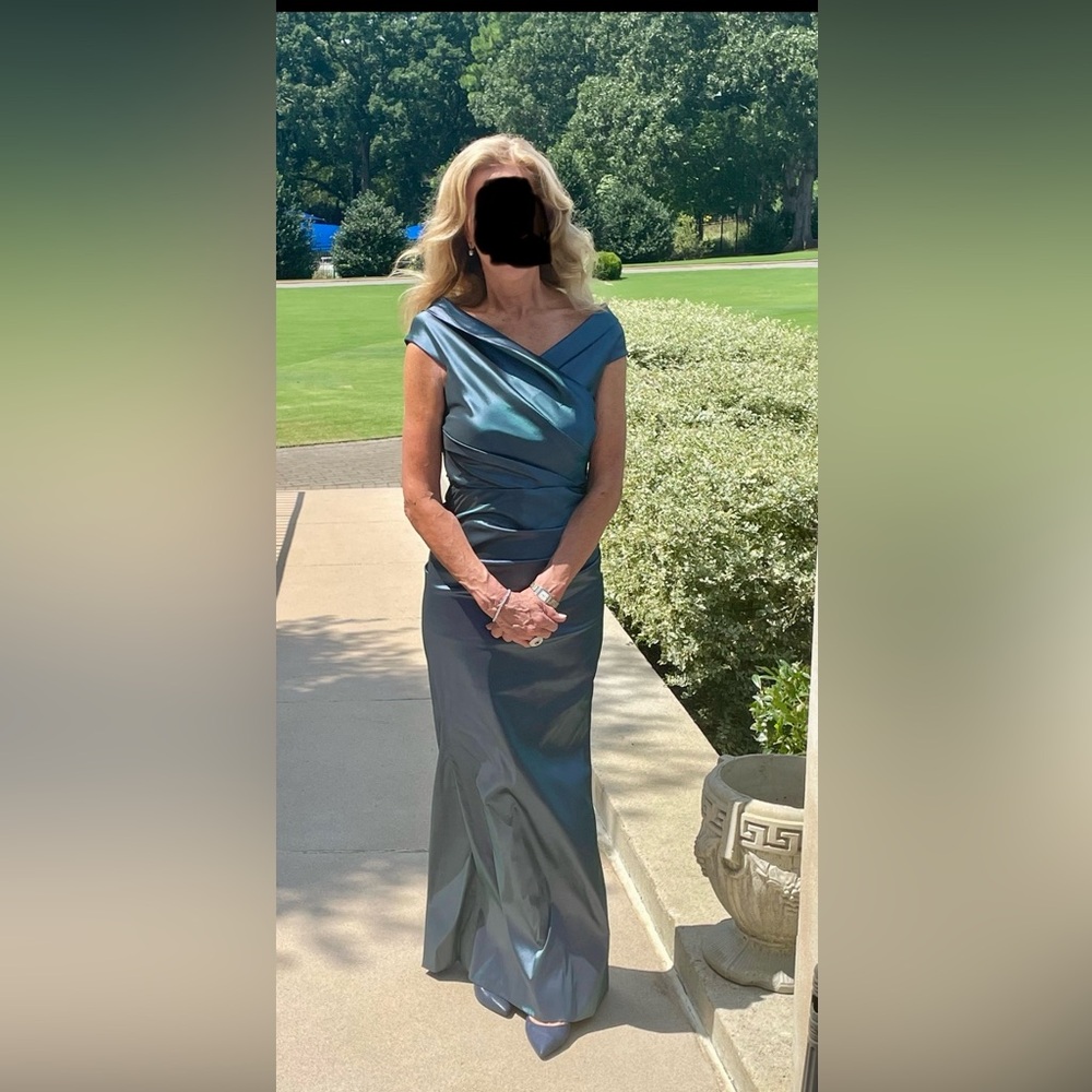 Ricki Freeman for Teri Jon - Beautiful off the shoulder slate blue taffeta gown.
